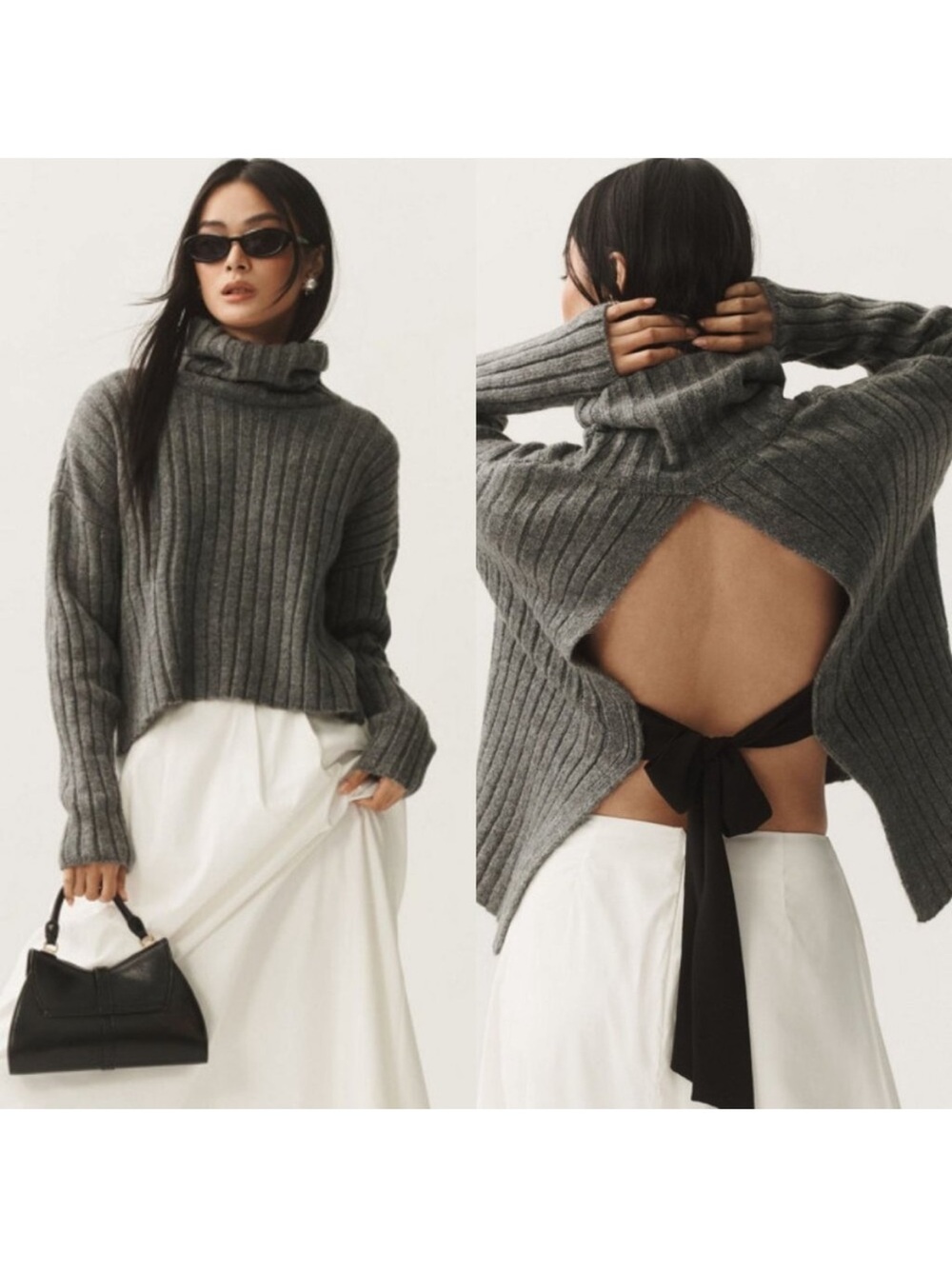 Anthropologie Maeve Turtleneck Bow-Back Sweater, Charcoal Gray, Size XS